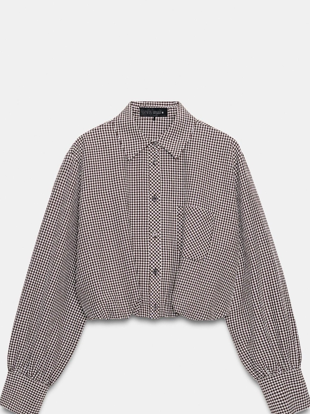 Zara Black & White Cropped Gingham balloon Button-Down Shirt - Picture 3 of 3